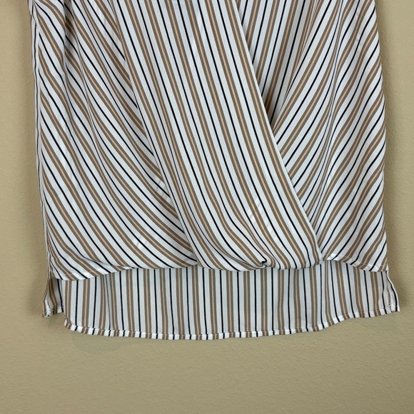 NWT Adrianna Papell Black/White/Tan/Cream Sheer Striped Sleeveless Wrap Blouse - Picture 3 of 10